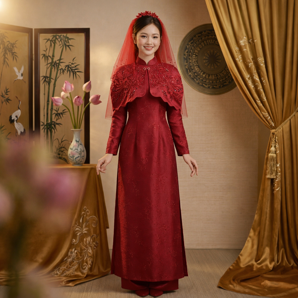 Áo Dài Cặp Cô Dâu Chú Rể Cưới Hỏi - Màu Đỏ Sang Trọng CH26-01
