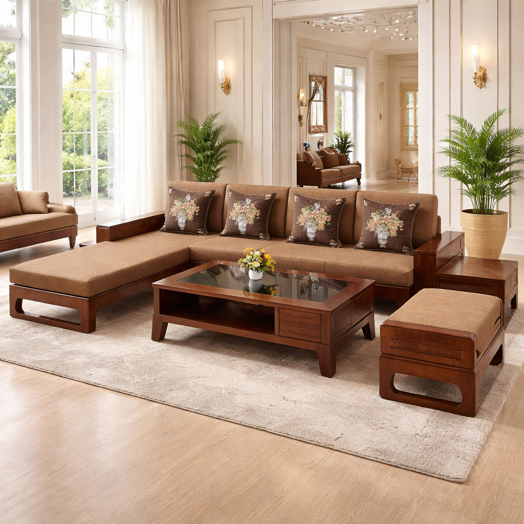 Sofa góc L chân Quỳ vế phải màu đỏ sậm, đệm vải nỉ màu ghi sáng