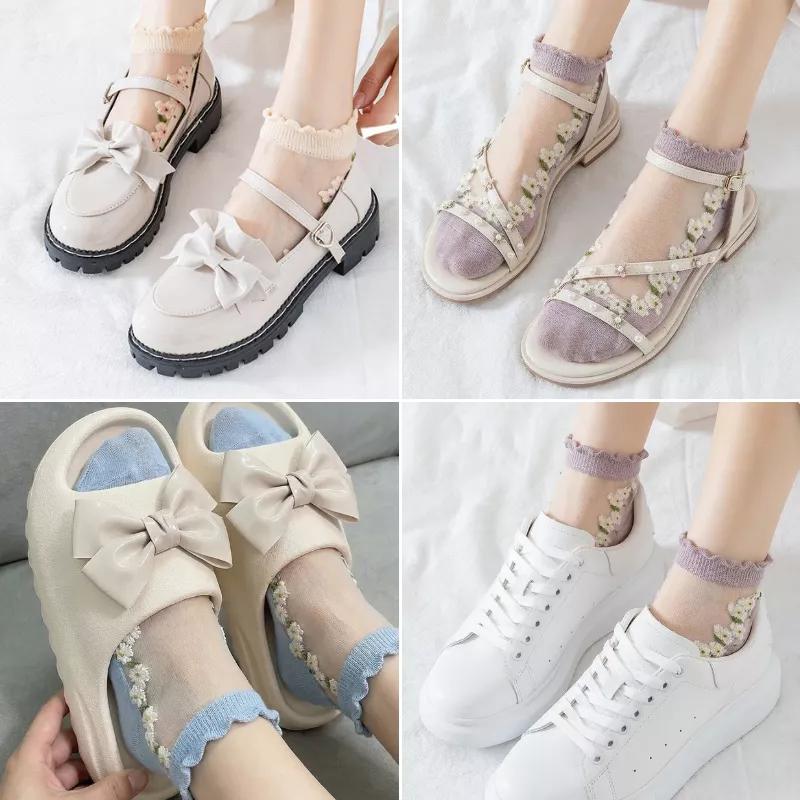 Set 10 Đôi Tất Trong Suốt Thêu Hoa 