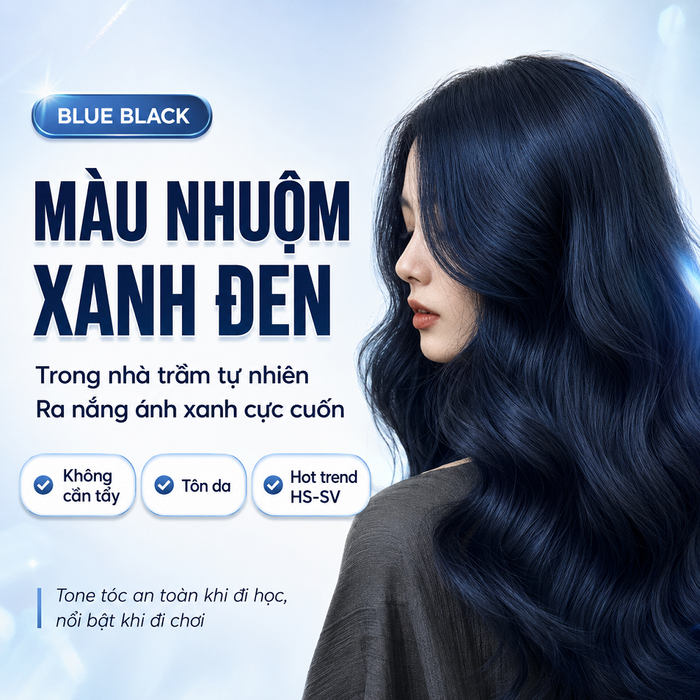 Thuốc Nhuộm Tóc Xanh Đen Blue Black Không Cần Tẩy, Lên Màu Từ Nền Tóc Đen Tự Nhiên, Kèm Oxi
