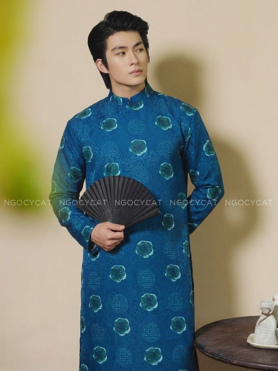 Áo Dài Nam Màu Xanh Dương Song hỷ _thumbnail_1