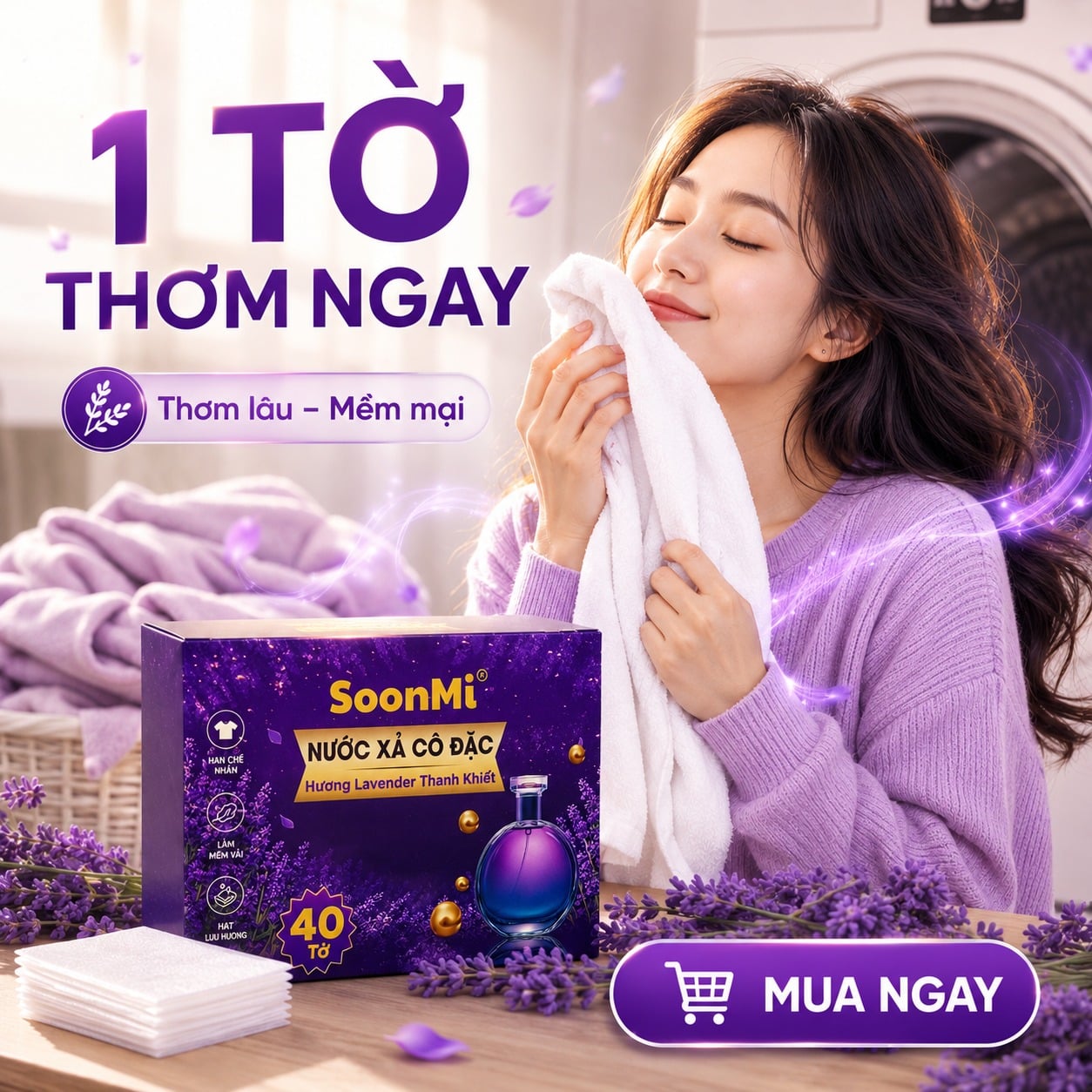 Giấy Thơm Quần Áo SoonMi Hương Lavender - chuyên dụng máy giặt sấy, máy sấy quần áo, khử mùi xe hơi, thơm tủ áo