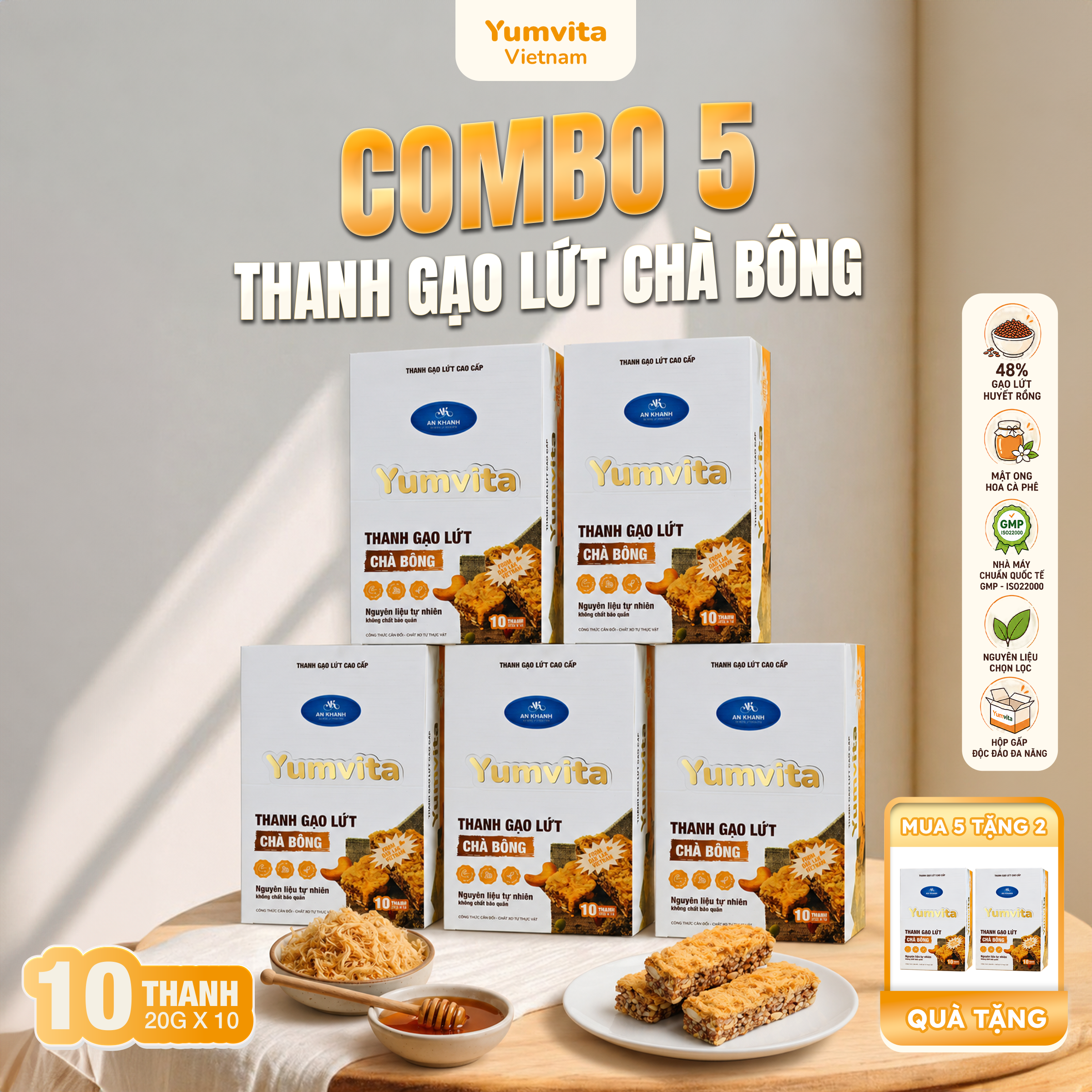 [COMBO 5 HỘP] Thanh Gạo Lứt Vị Chà Bông Yumvita - 5 Hộp 10 Thanh 200g Ăn Vặt Dinh Dưỡng Healthy