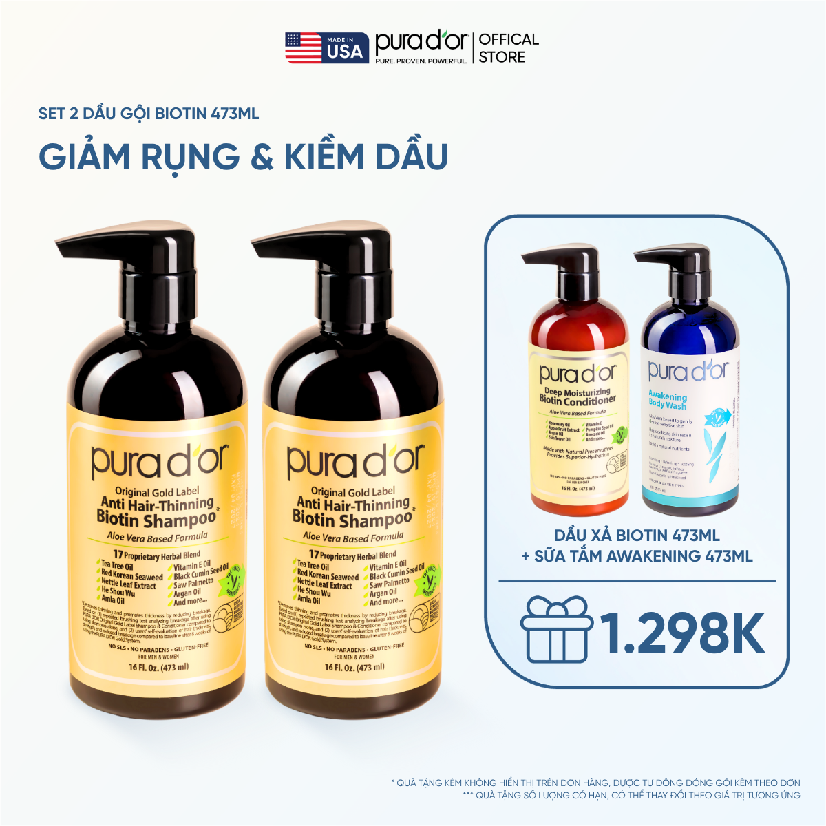 Set 2 Dầu Gội Biotin Pura D'or Original Gold Label Chăm Sóc Da Đầu, Giảm Rụng Tóc, Hỗ Trợ Mọc Tóc 473ml