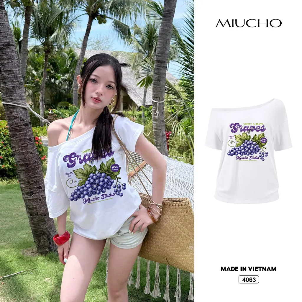 Áo thun nữ form rộng lệch vai họa tiết trái cây mùa hè Miucho 4063