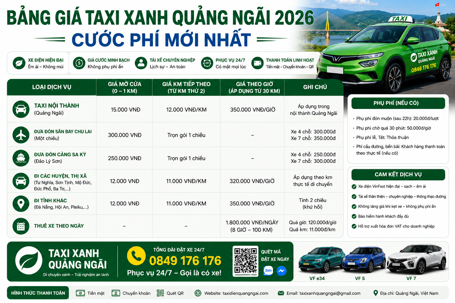 Bảng Giá Taxi Xanh Quảng Ngãi 2026 – Cước Phí Mới Nhất