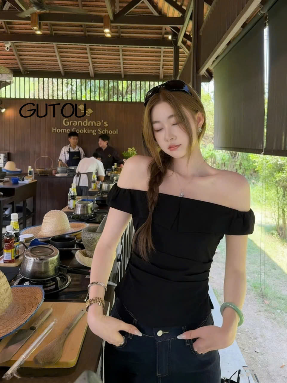 [ GUTOU ] Áo Trễ Vai Xếp Ly Co Giãn Elegance Style_thumbnail_7