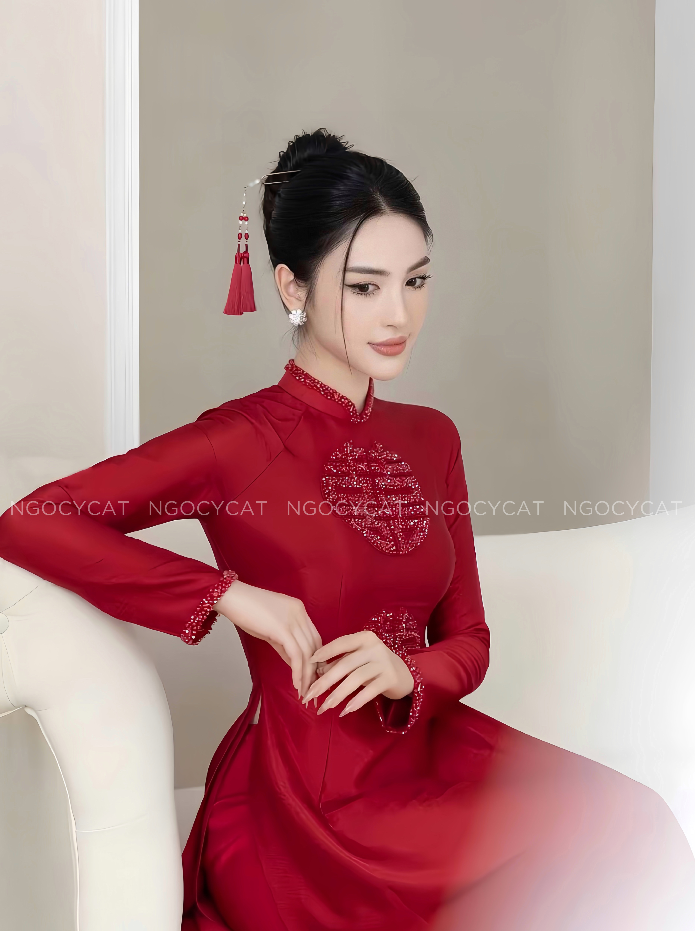 Áo Dài Dâu Rể Đỏ Song Hỷ Tròn_thumbnail_2