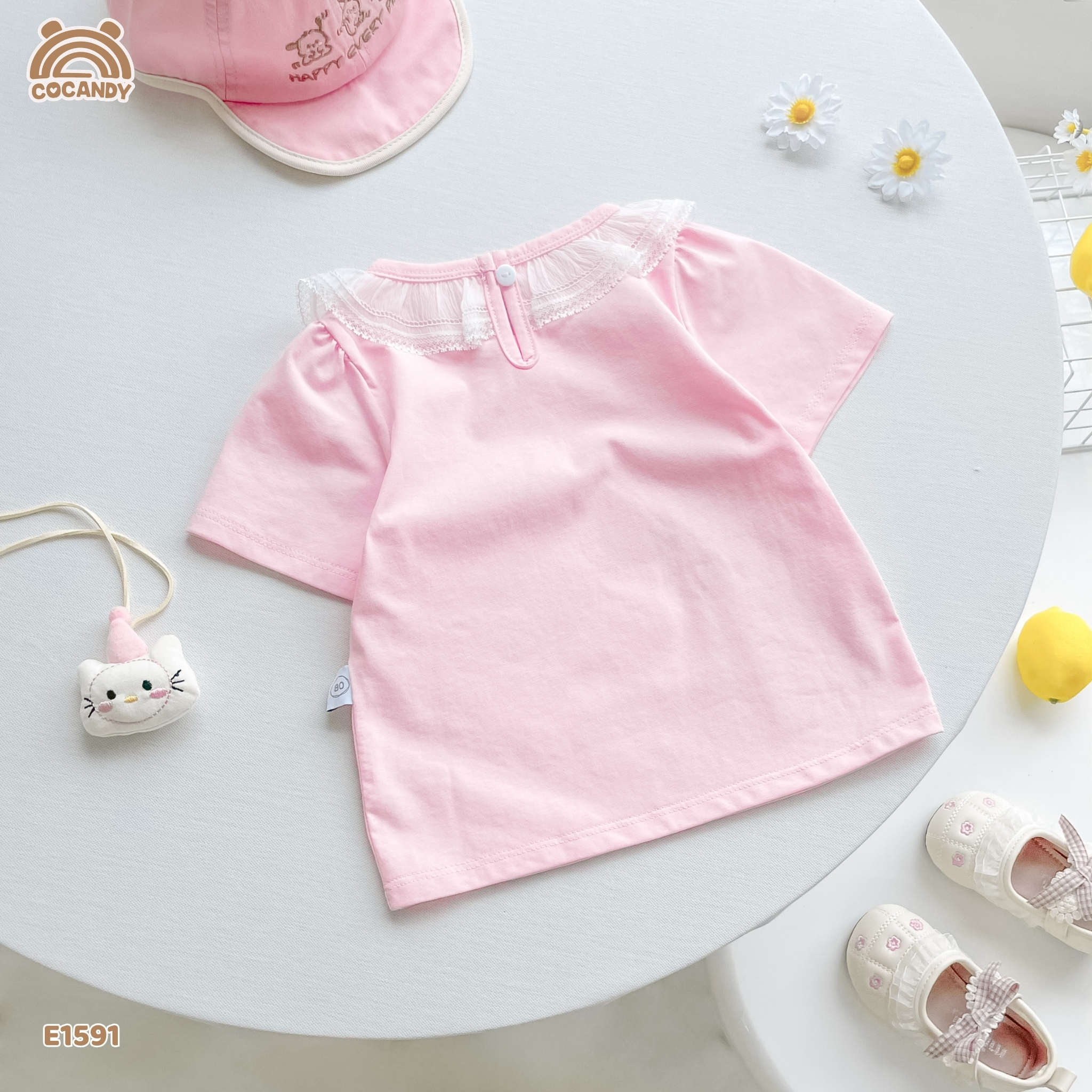 Áo cộc cotton HỒNG nhún bèo cổ phối nơ_thumbnail_4