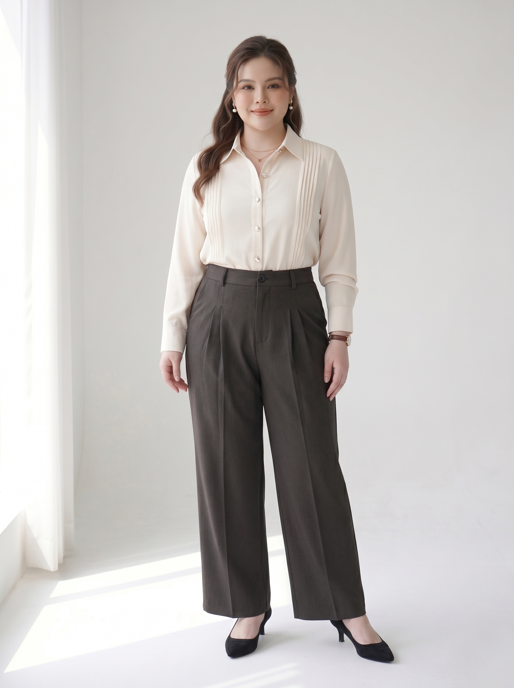 Quần Tây Ống Suông Phối Ly Bigsize Cạp Cao Gọn Đùi - Nâu Đen - Vừa 55-90kg - V-QD038