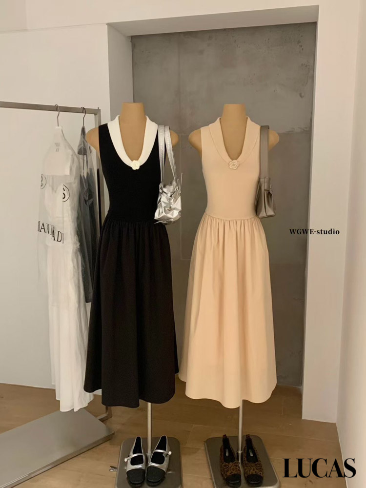 Váy zile cổ bẻ đính hoa trà zile chân xòe