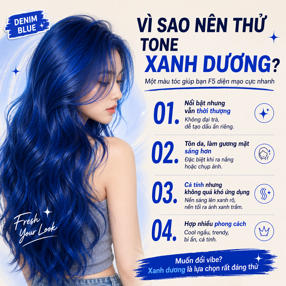 Thuốc Nhuộm Tóc Xanh Dương Denim Blue Tự Nhuộm Tại Nhà, Lên Xanh Dương / Xanh Đen Ánh Xanh, Kèm Oxi Và HDSD Tiếng Việt_thumbnail_4