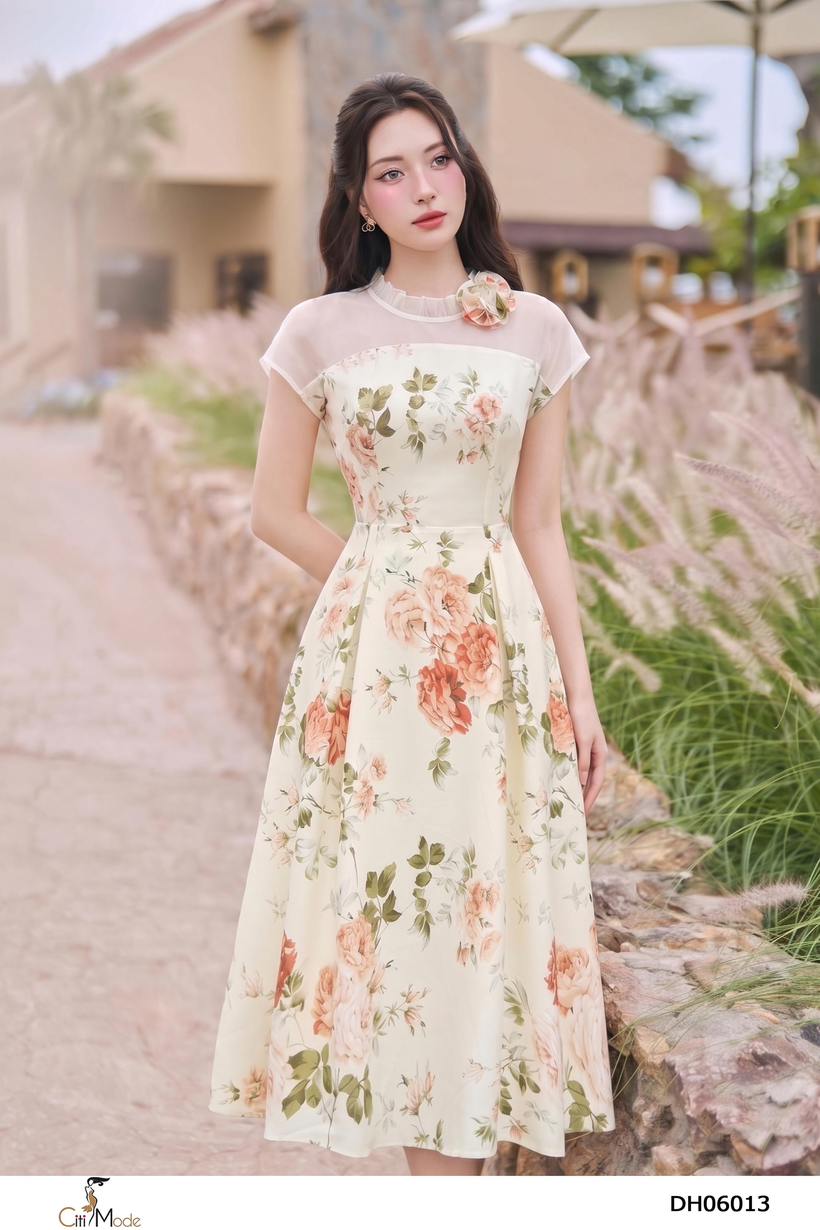 Đầm xòe kem hồng cam nổi 3D cổ nhún tay chờm_thumbnail_6