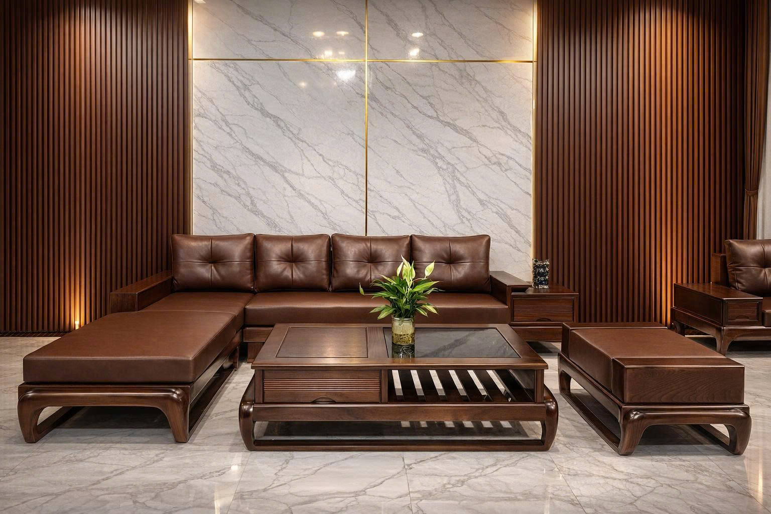 Sofa góc L chân gà vế phải màu nâu sậm