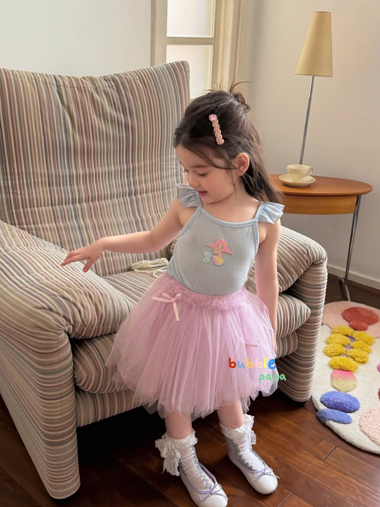 BP07 - Chân váy voan lưới hồng nơ eo hãng Bubble Papa (05091)
