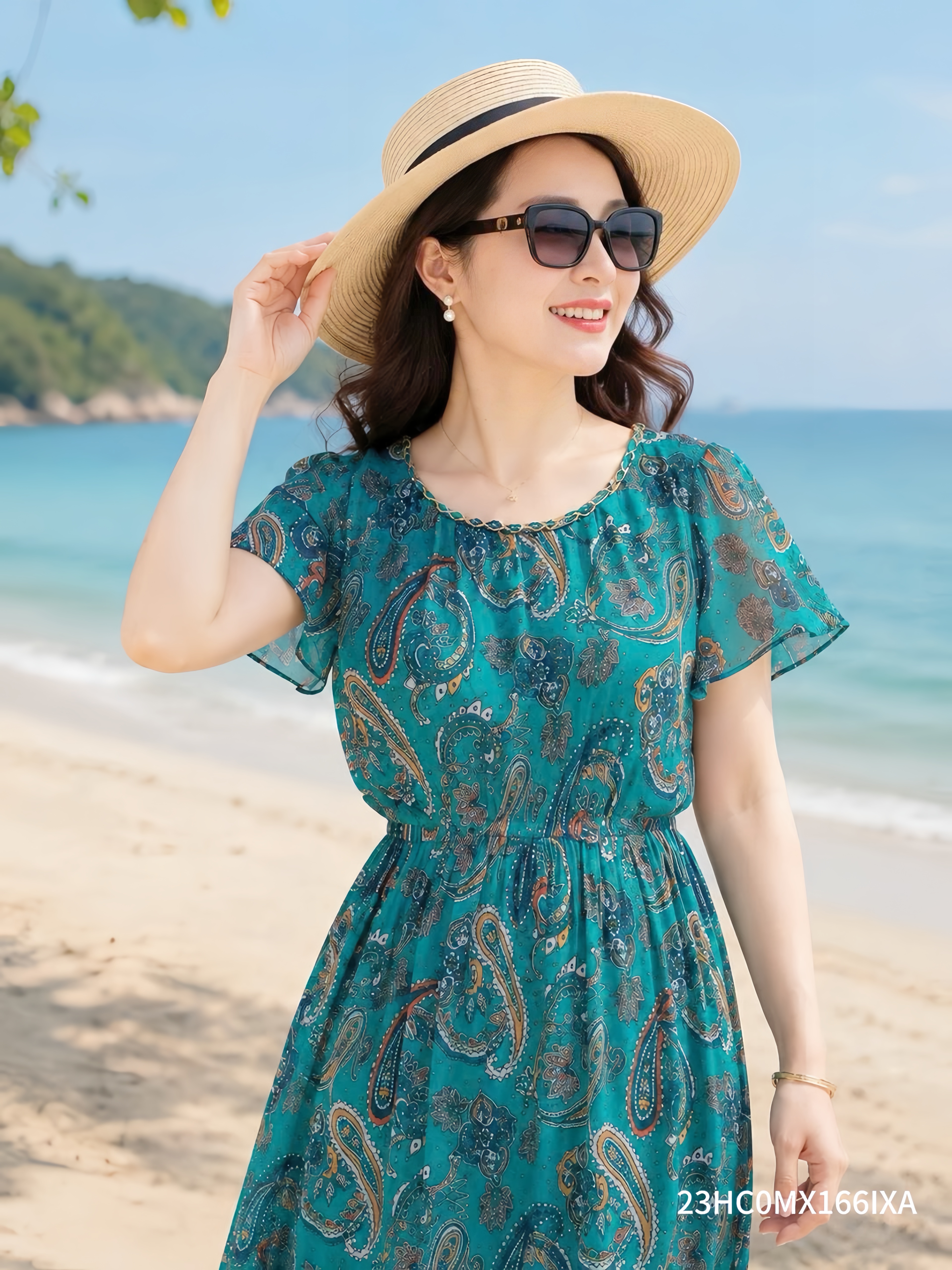 Đầm Maxi vải voan xanh họa tiết Paisley cách điệu 23HC0MX166IXA