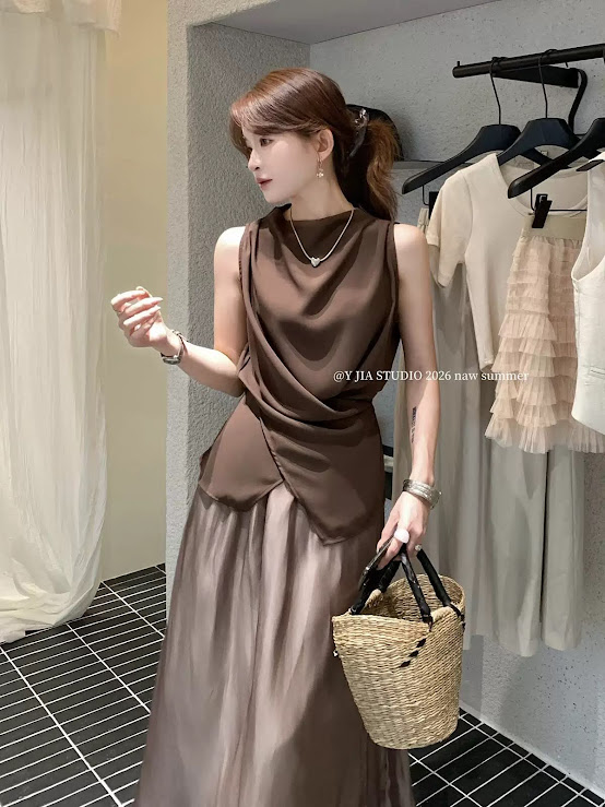 Set áo zile vạt đan + chân váy tơ dáng xòe dài YJIA_thumbnail_4