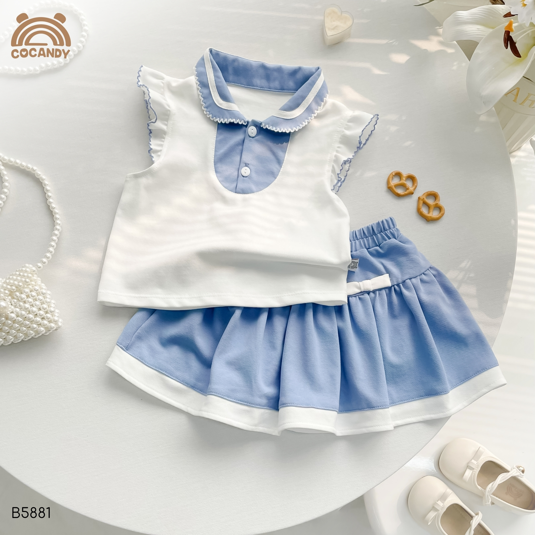 Bộ sát nách TRẮNG phối chân váy xanh dương tay bèo_thumbnail_1