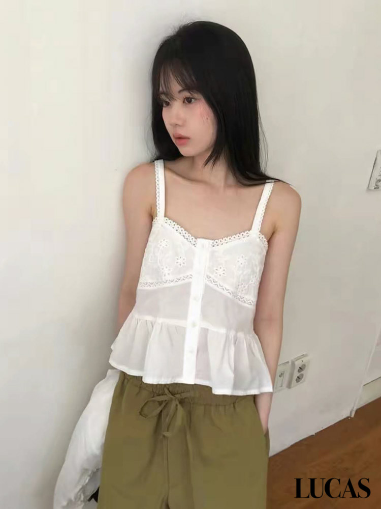 Áo sơ mi thô thêu hoa ngực phối viền ren chân ngực, cúc trắng 2 dây quai bản lớn gấu xòe_thumbnail_5