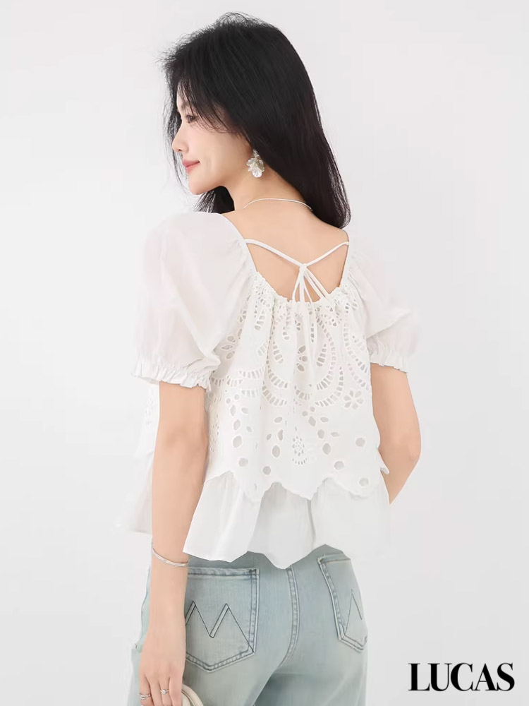 Áo sơ mi chui cổ vuông chun, buộc nơ cổ gấu xòe JIA_thumbnail_3