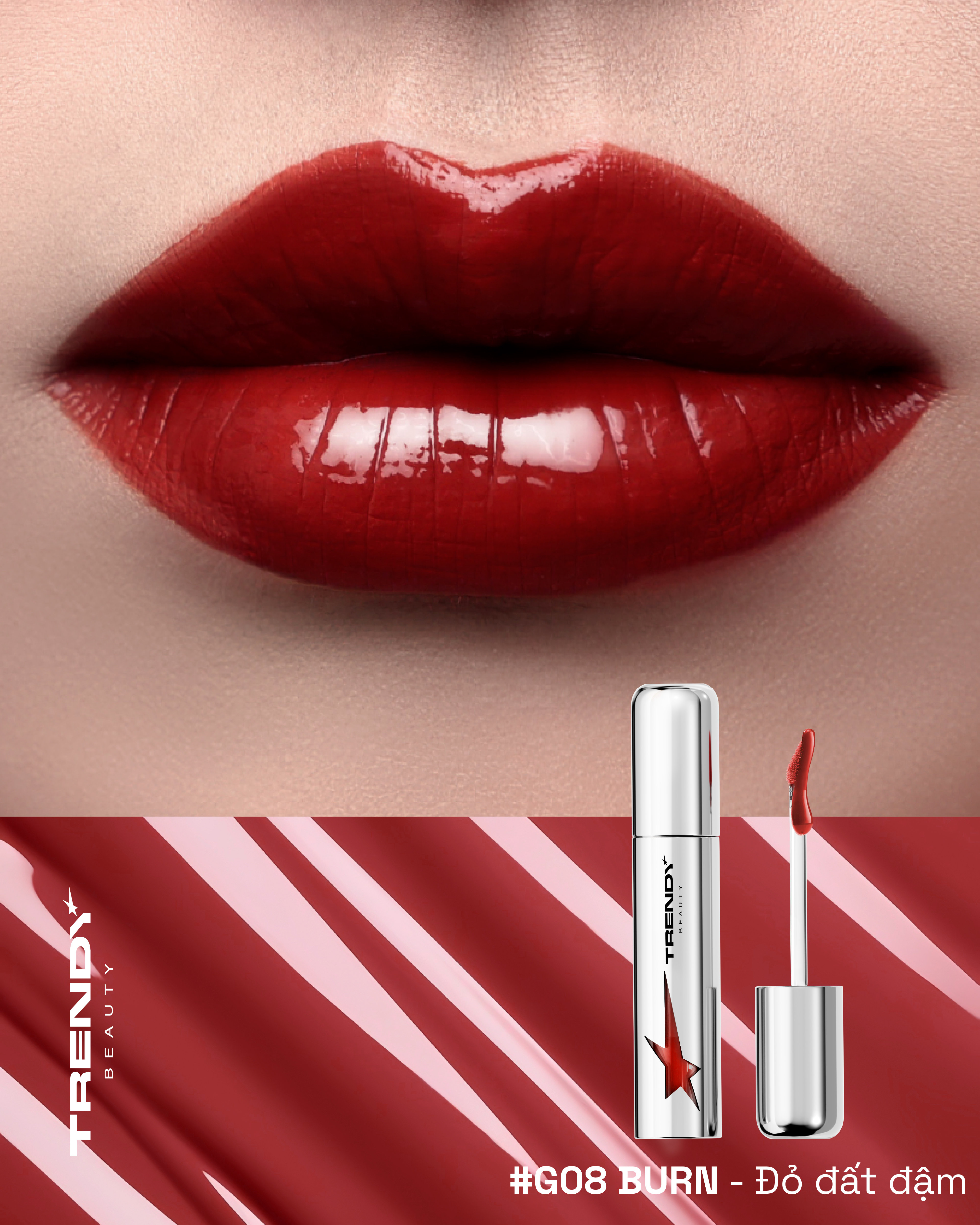 G08 Burn - Son bóng màu đỏ đất đậm Trendy Beauty Lip Gloss Silver Shot