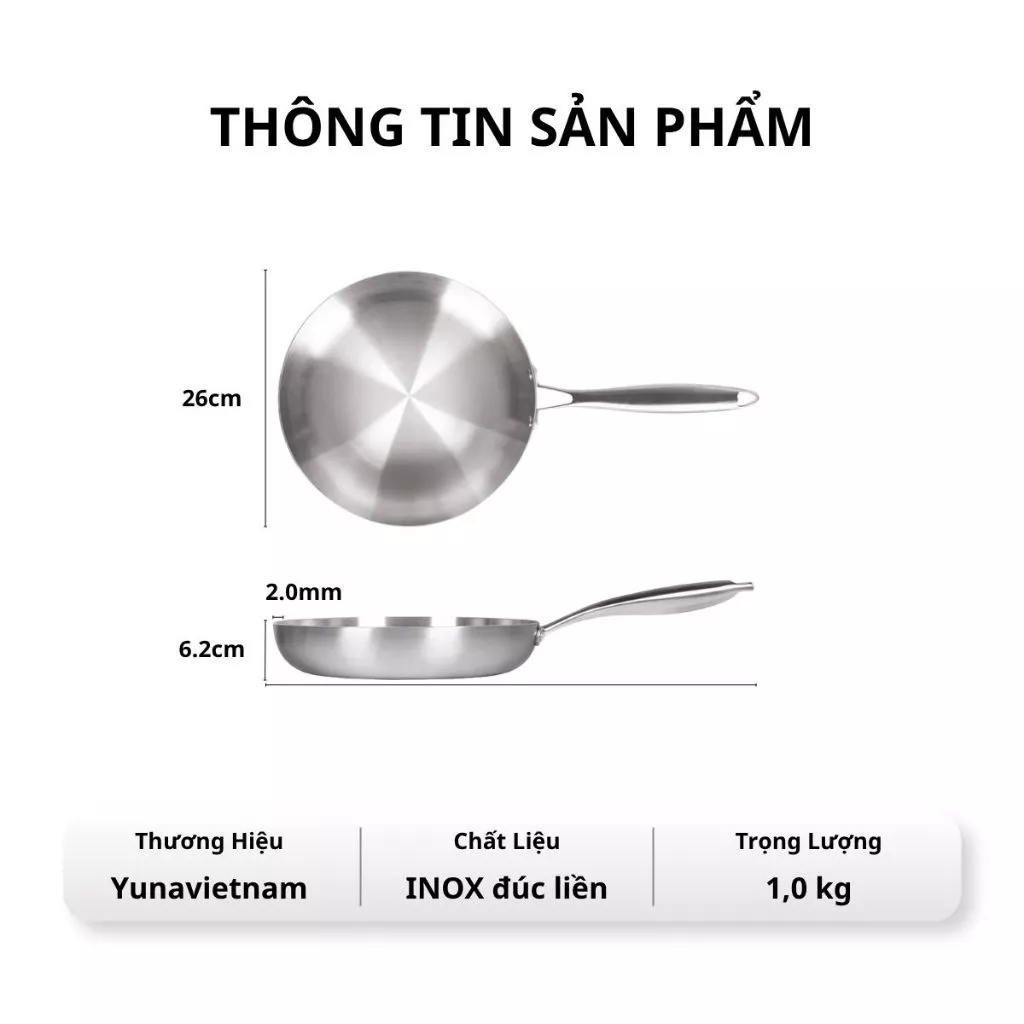 Chảo Inox 304 Nguyên Khối 3 Lớp YUNA Cao Cấp – Chống Dính Tự Nhiên, Dùng Mọi Loại Bếp, Truyền Nhiệt Nhanh, Bền Đẹp_thumbnail_3