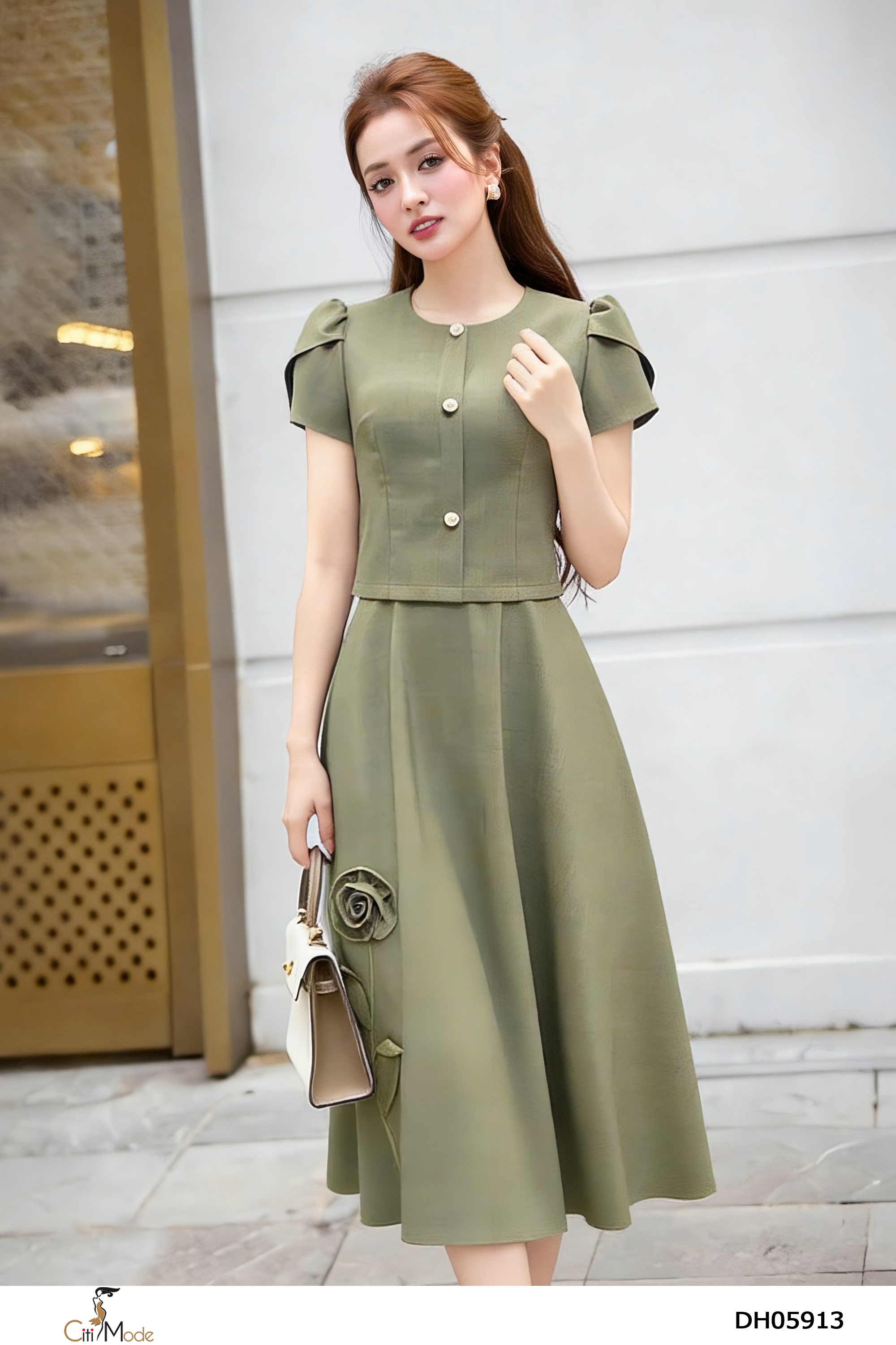 Đầm xòe rêu giả set cổ tròn tay cọc đính hoa chân_thumbnail_2