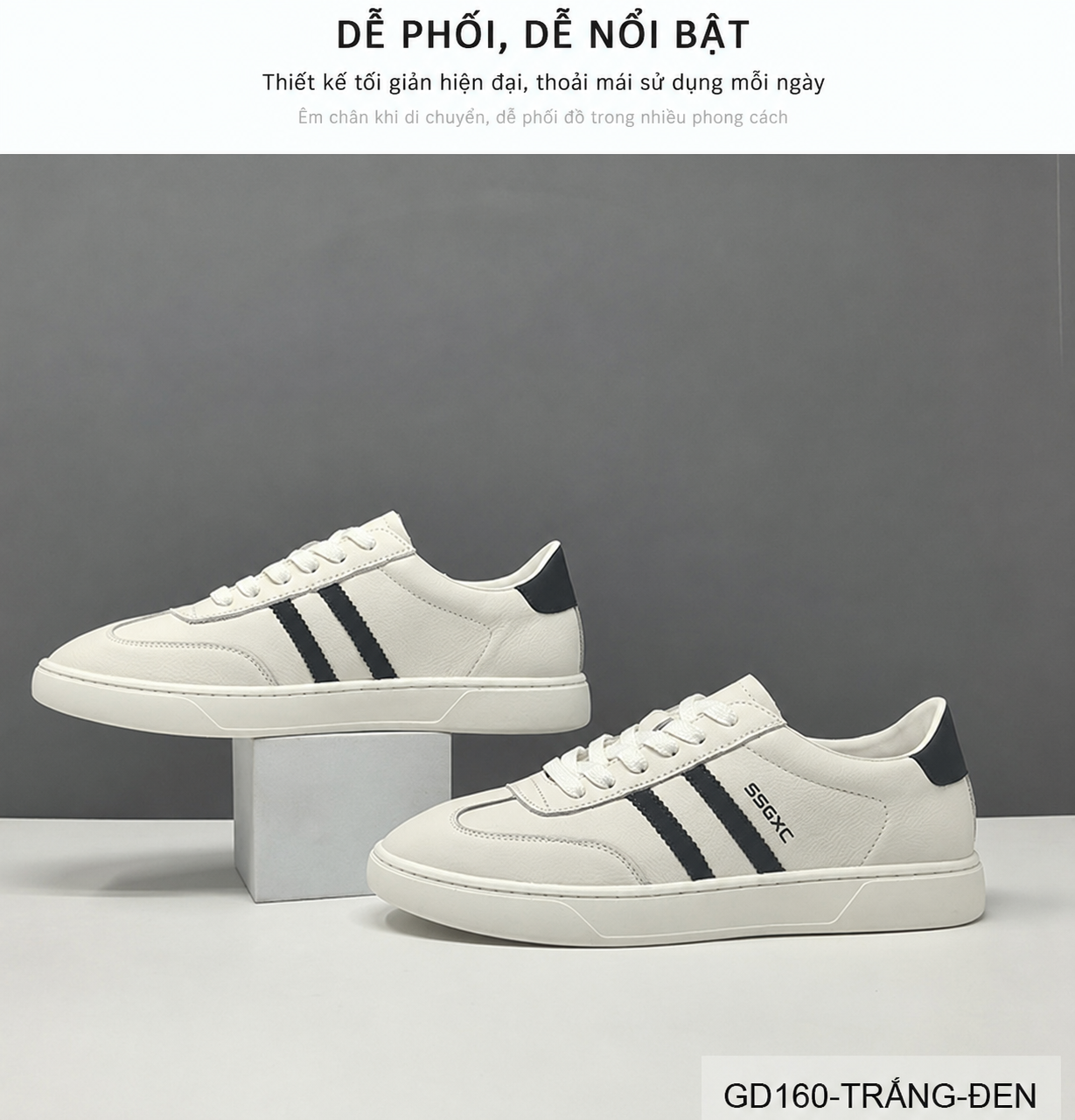 GD160 - Giày thể thao nam da bò trắng phối sọc thời trang, đế thấp êm chân_thumbnail_4