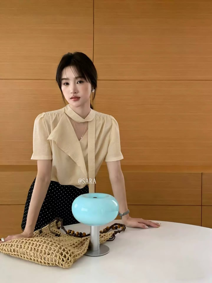 Lucas - Áo sơ mi cộc tay vải voan tơ cổ tim + dây lụa_thumbnail_10