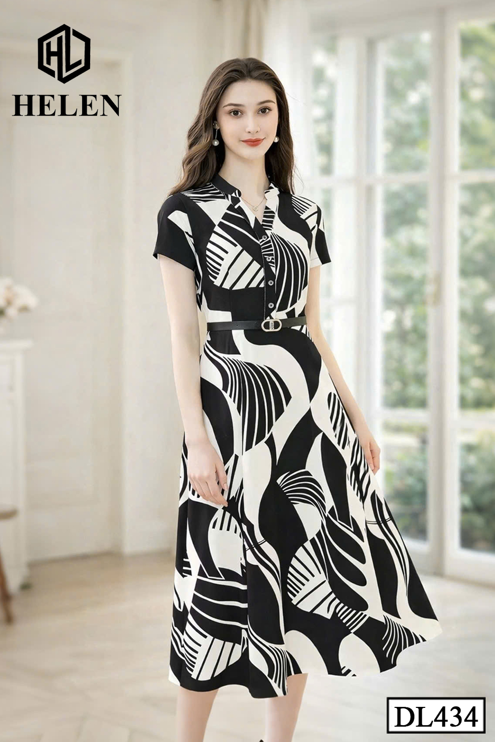 Đầm xòe họa tiết đen trắng cổ tàu + kèm đai DL434_thumbnail_2