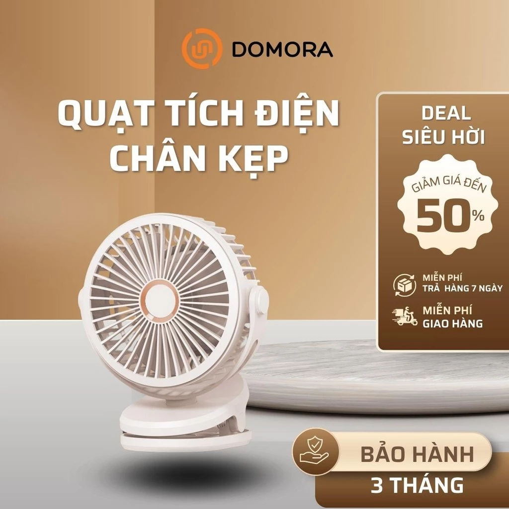 (HÀNG TỐT) Quạt Tích Điện Kẹp Bàn Mini DOMORA 5 Mức Độ Có Đèn Led Pin 5000 MHA Cao Cấp