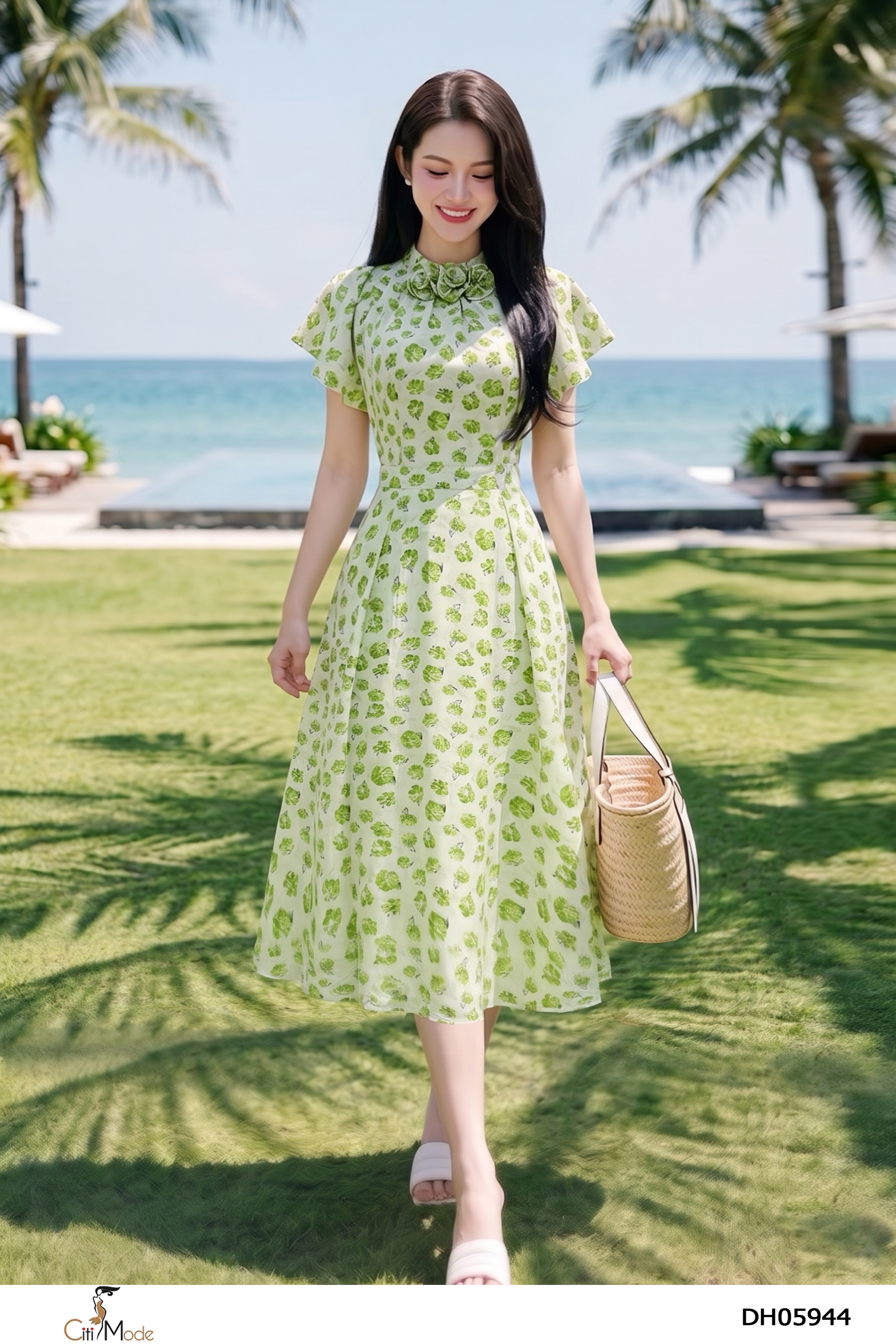 Đầm xòe hoa xanh cổ nhún hoa tay loe
