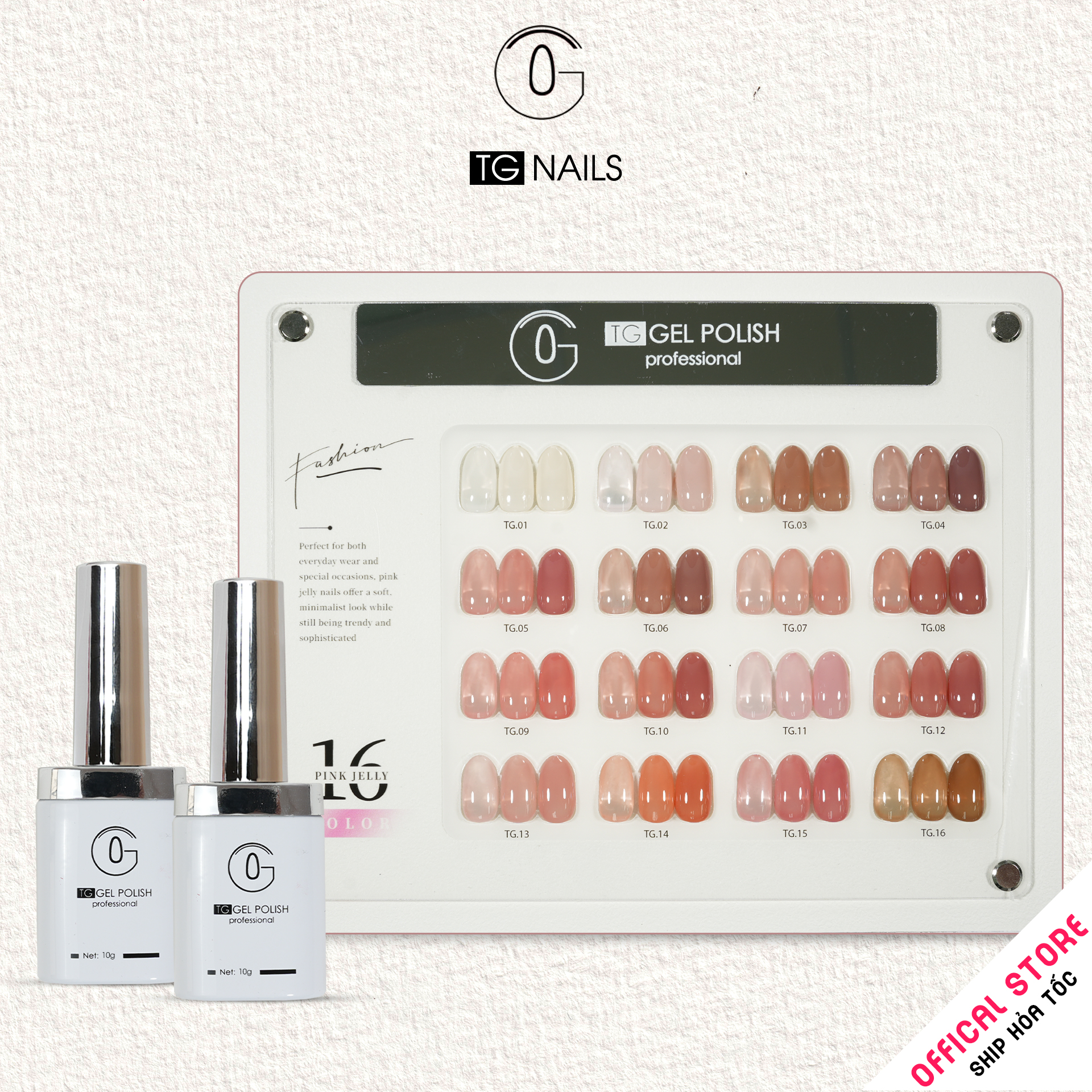 Sơn móng TG Nails gel. Khối lượng tịnh: 10g/ lọ. Nhãn hàng TG nail gel - Com Bo 16 màu Thạch Hồng