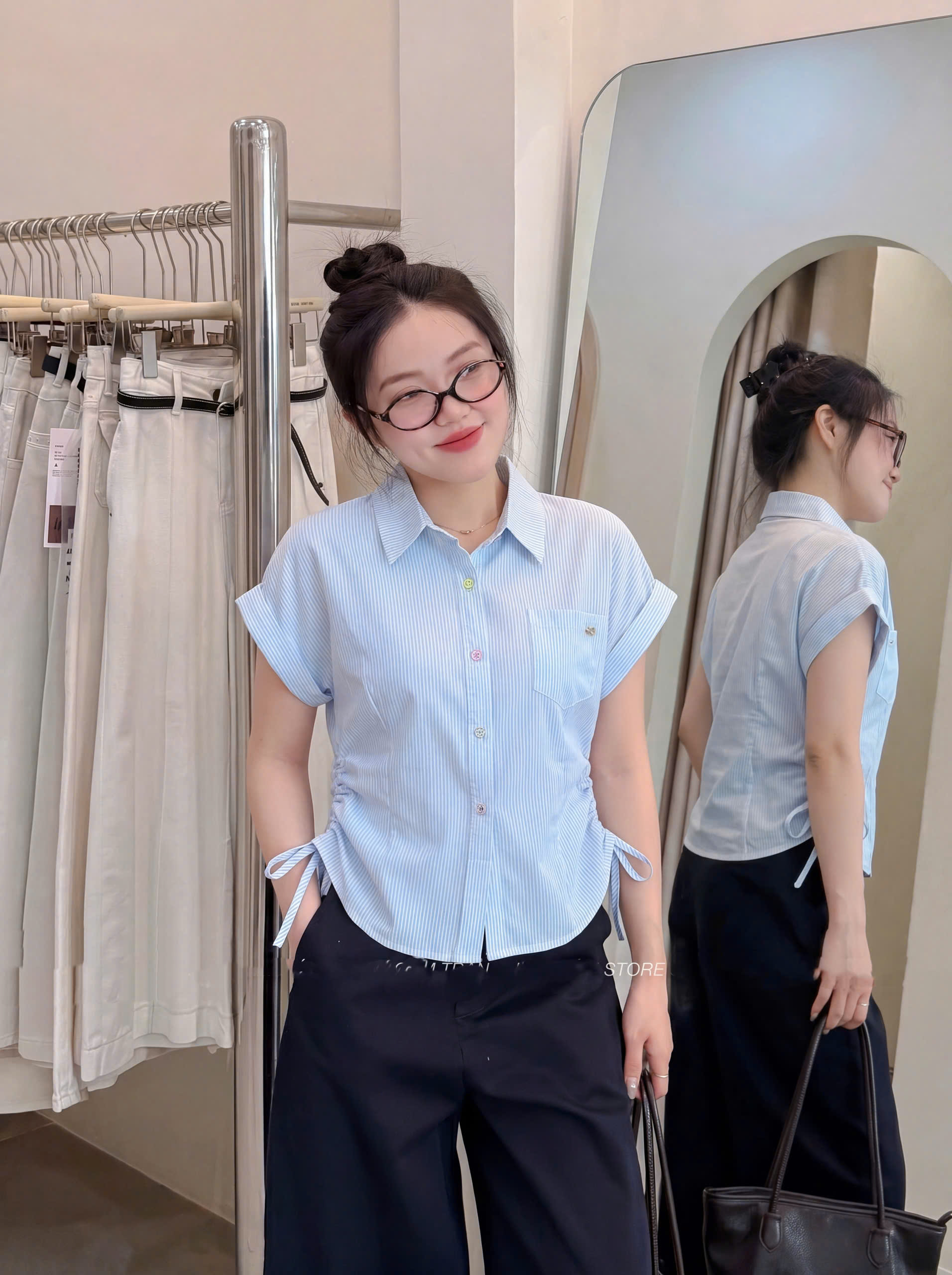 Áo Sơ Mi Nữ Kiểu SN gấp lai kẻ 1túi logo LUH.9010_thumbnail_2