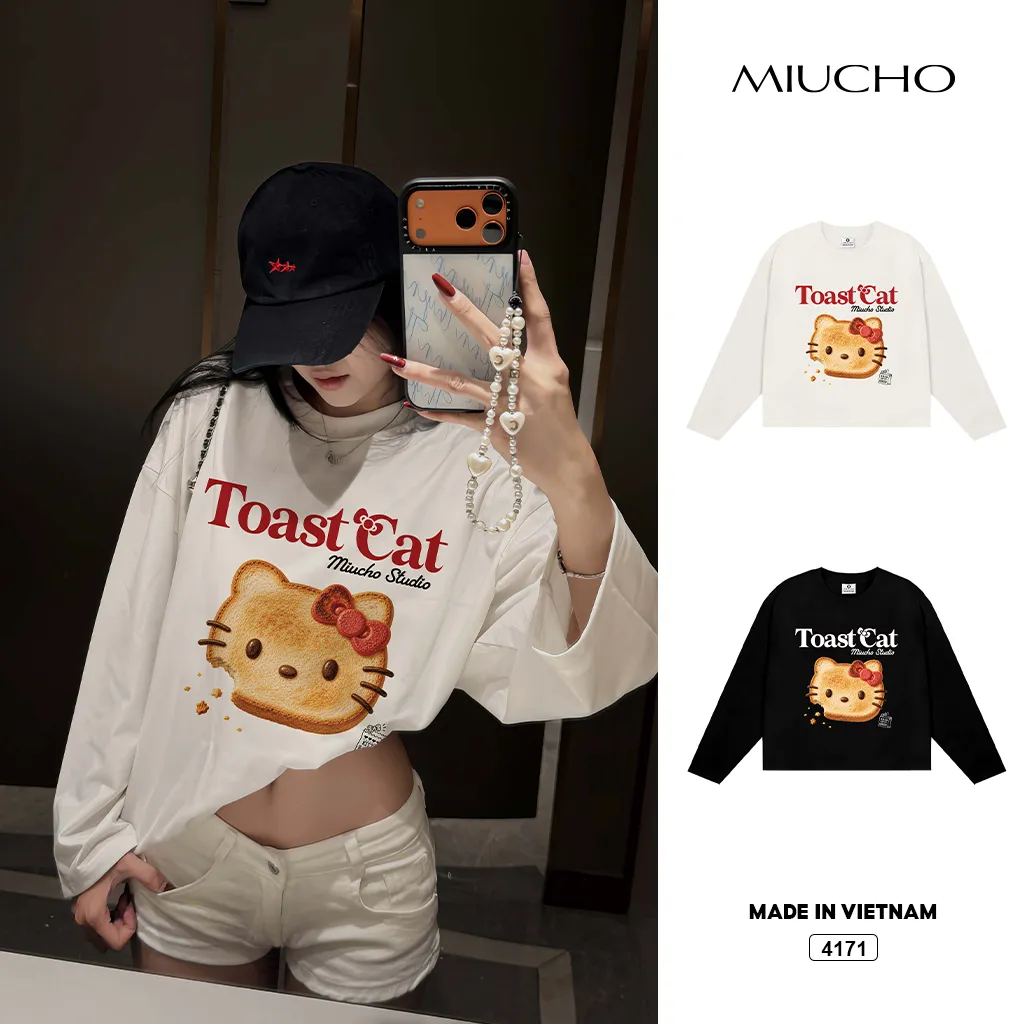 Áo thun tay dài form boxy Toast Cat Miucho 4171
