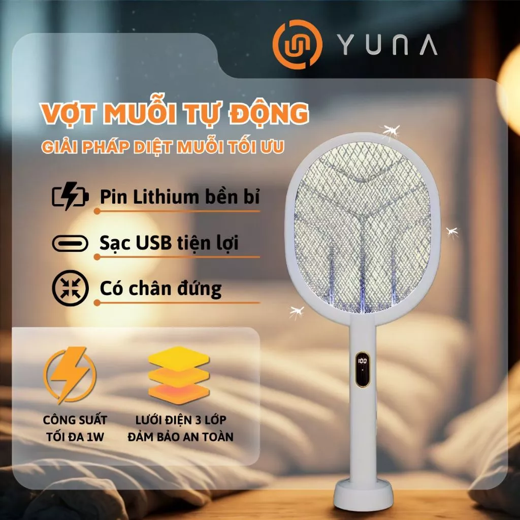 [LOẠI 1] Vợt Muỗi Thông Minh YUNA 2in1 Kiêm Đèn Bắt Muỗi Tự Động Pin 1200mAh – Sạc Type-C, An Toàn 3 Lớp, Bảo Hành 12 Th