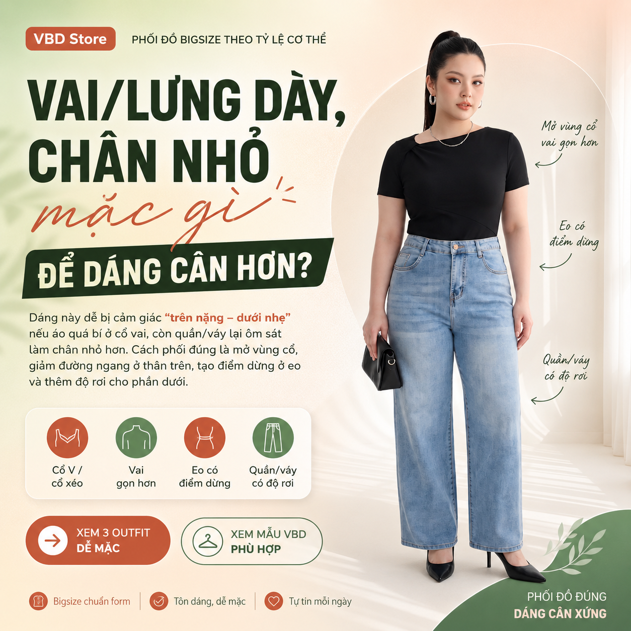 Vai lưng dày chân nhỏ mặc gì? Phối đồ bigsize