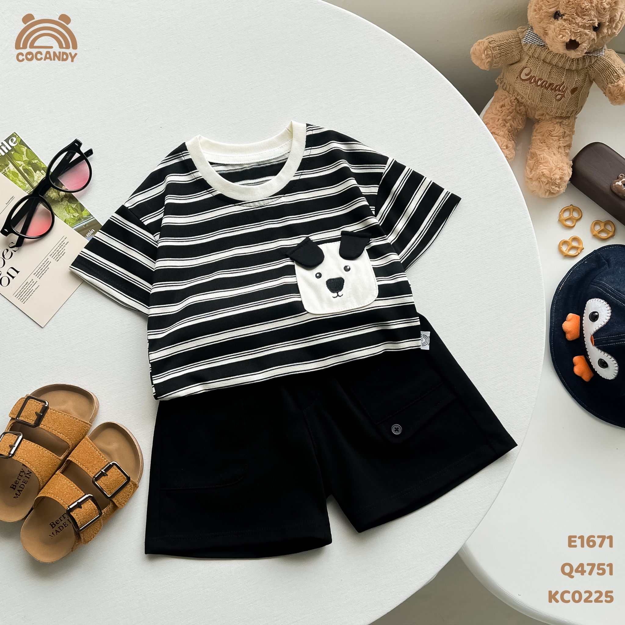Áo cộc cotton kẻ ĐEN túi gấu