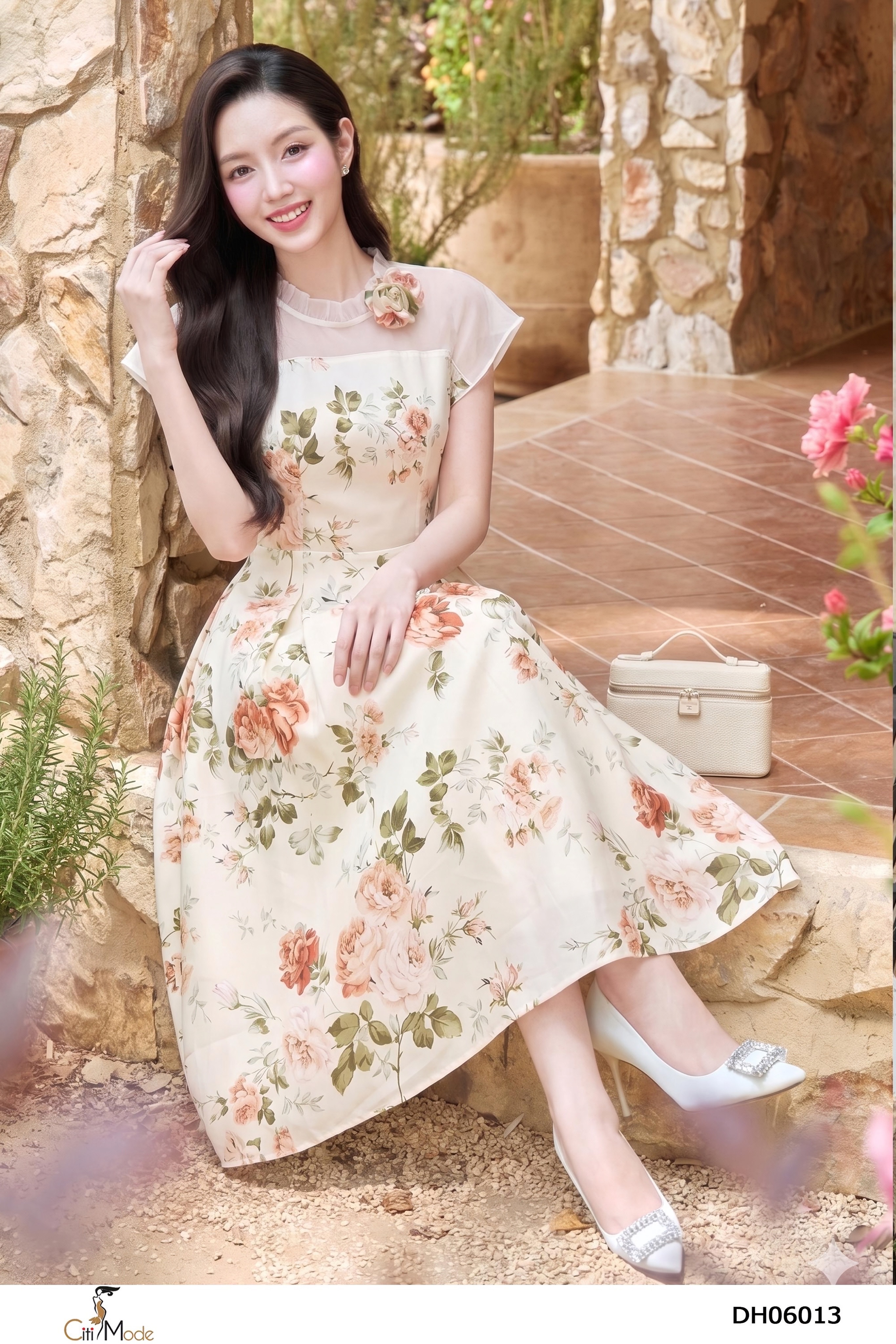 Đầm xòe kem hồng cam nổi 3D cổ nhún tay chờm_thumbnail_9