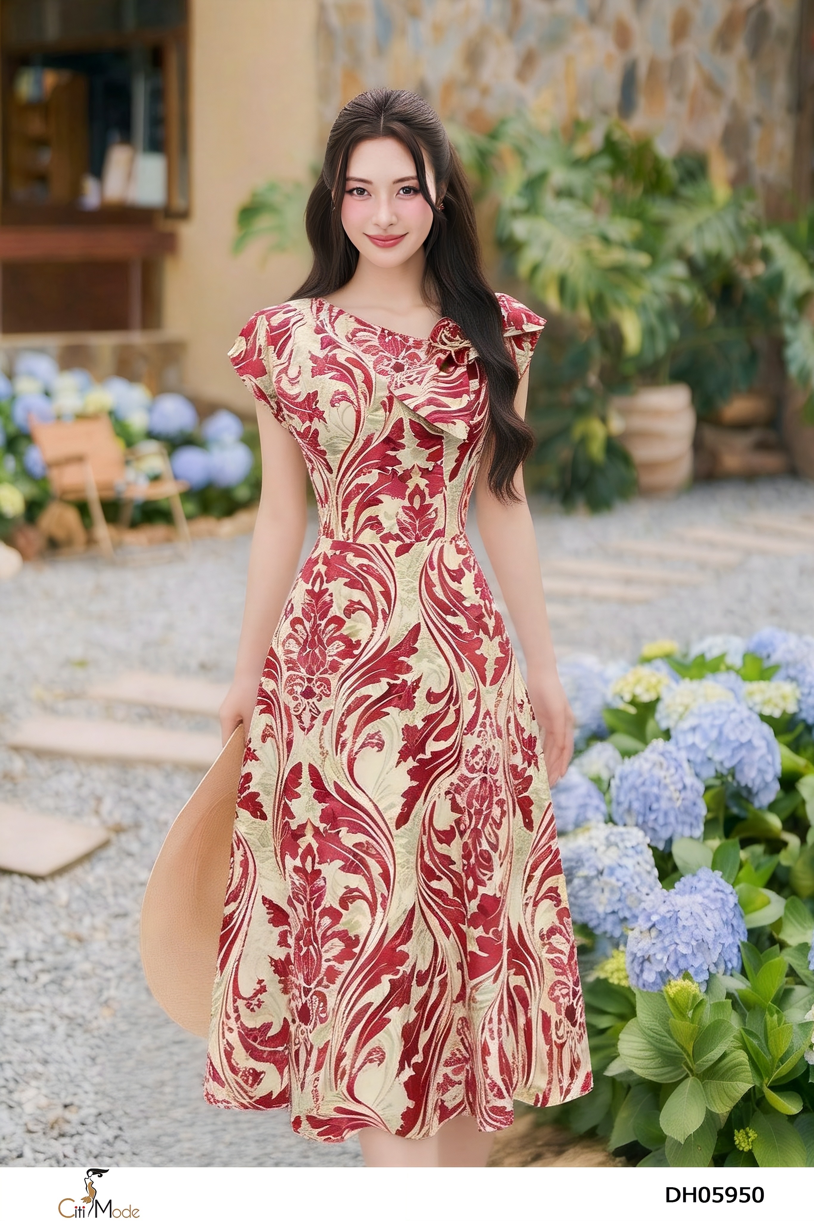 Đầm xòe hoa đỏ cổ cách điệu nơ hoa vai