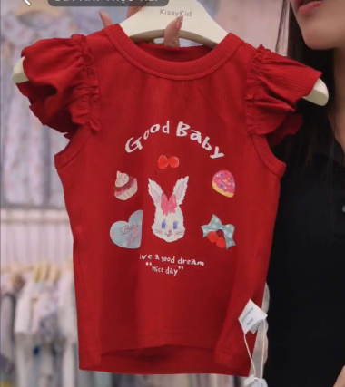 CX117 - Áo thun sát nách tay bướm màu đỏ hoạ tiết thỏ hãng CX7