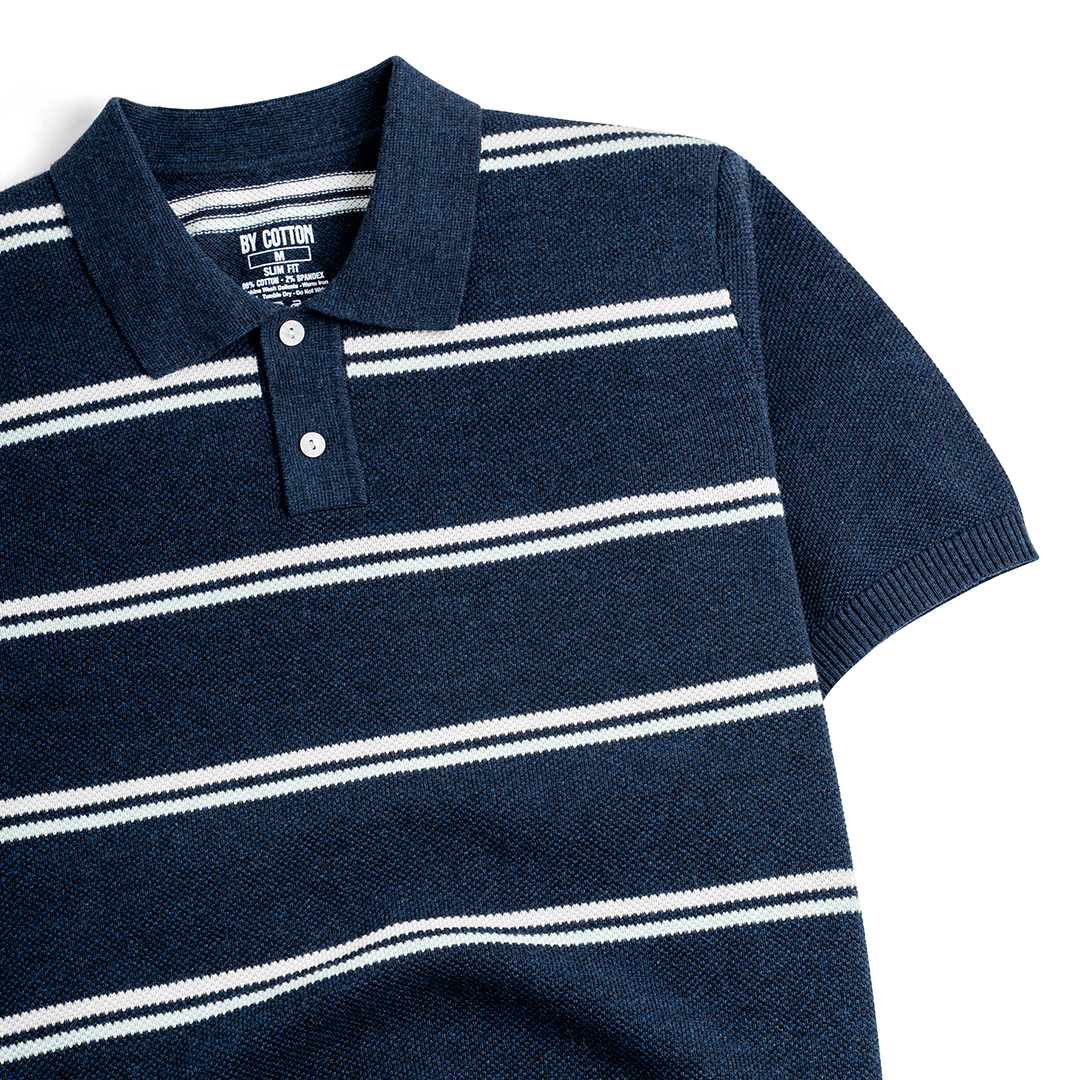 Áo Polo Dệt Kim By Cotton Melange Sọc Đôi - Xanh Trắng ( (Hàng Khuyến Mãi Không Thu Tiền Xuất Kèm Hóa Đơn)_thumbnail_1