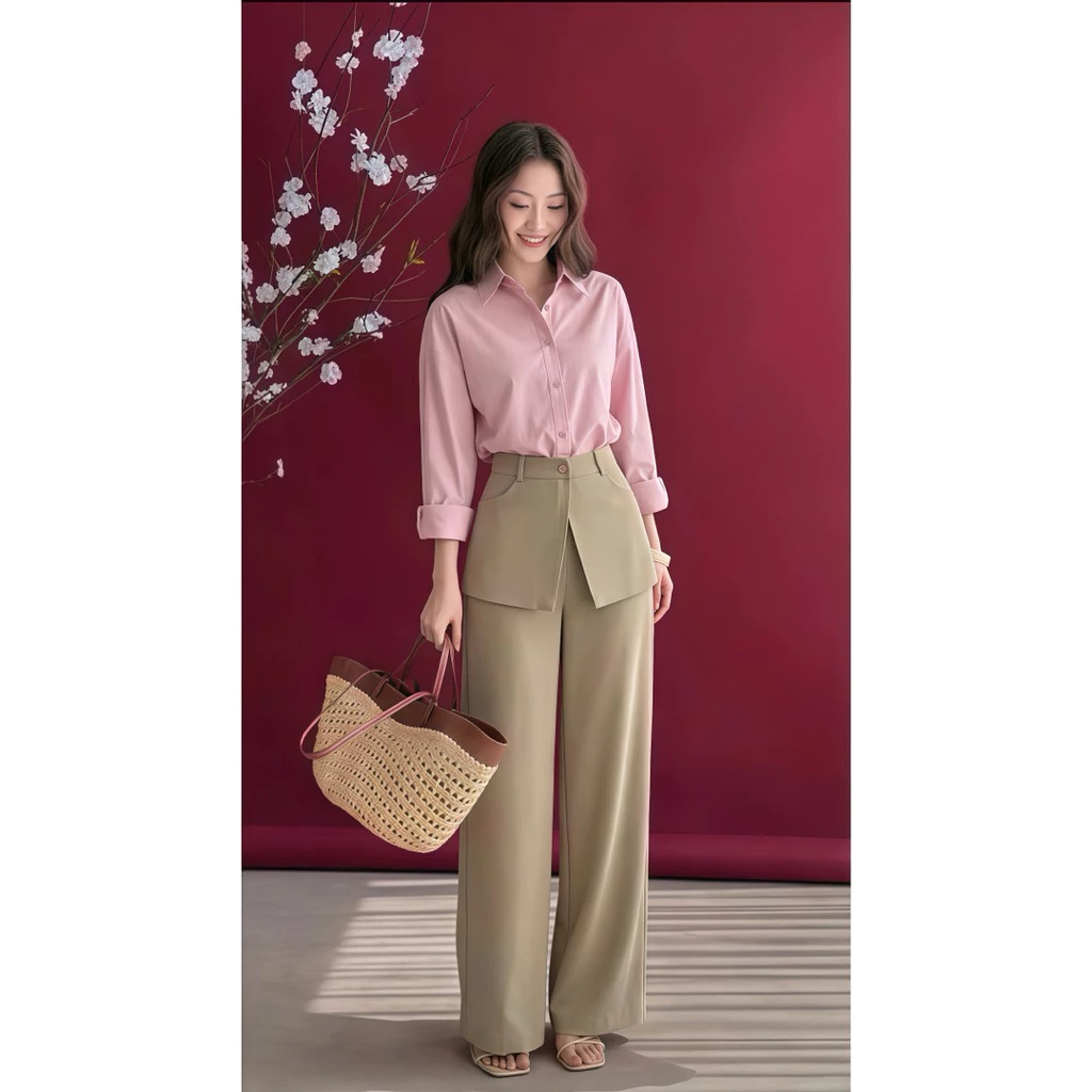 Set áo sơ mi bamboo hồng phối quần suông ống rộng , Set đồ công sở nữ thanh lịch, form đứng dáng kiểu Hàn Loga_L101_thumbnail_3