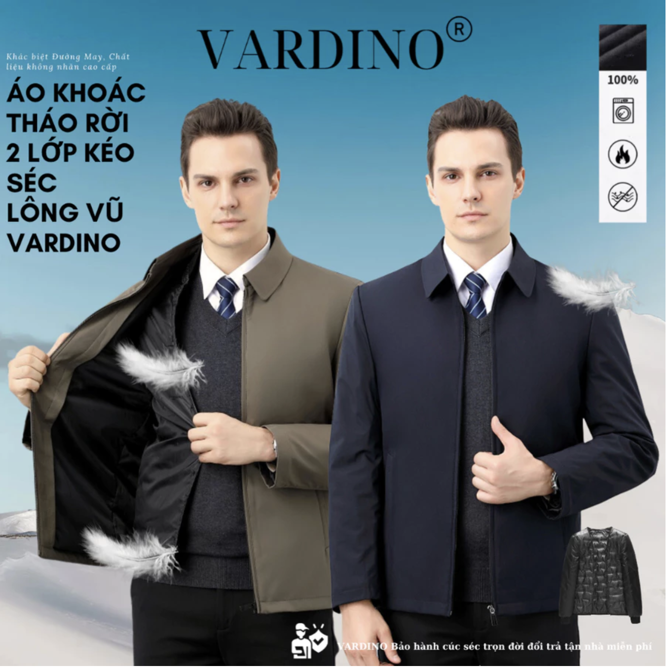 Áo khoác nam trung niên công sở lót lông vũ tháo rời cổ bẻ Vardino AK58-AK62