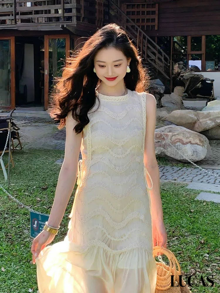 Váy ren zile cổ tròn thân ren trên phối gấu voan xòe TINA_thumbnail_1