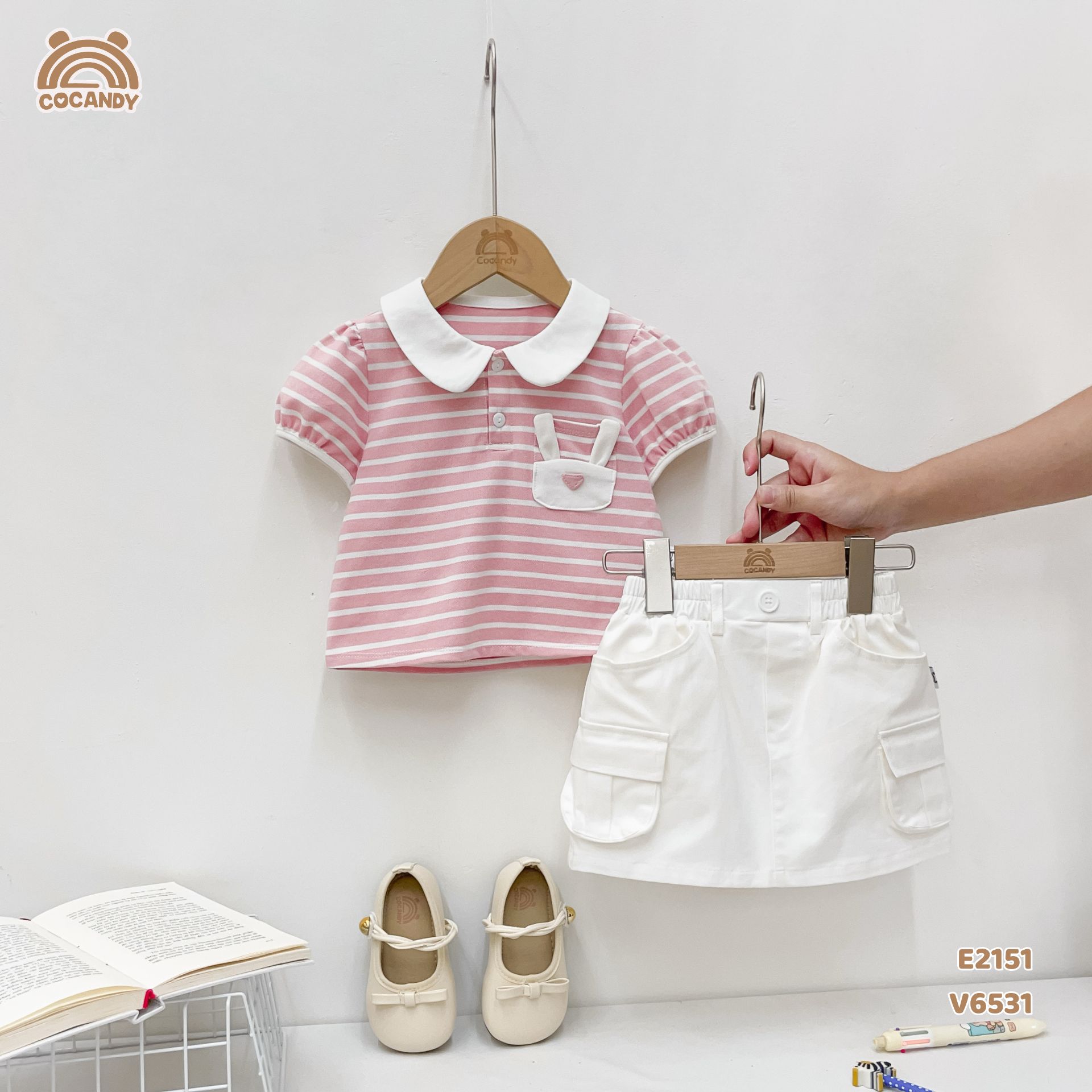 Áo cộc polo kẻ HỒNG phối túi thỏ_thumbnail_1