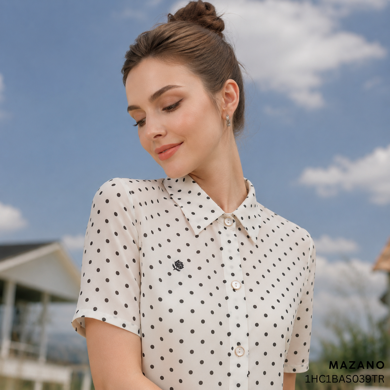 Áo sơ mi vải voan dày trắng chấm bi dáng suông vừa cổ sơ mi thiết kế MAZANO_thumbnail_3