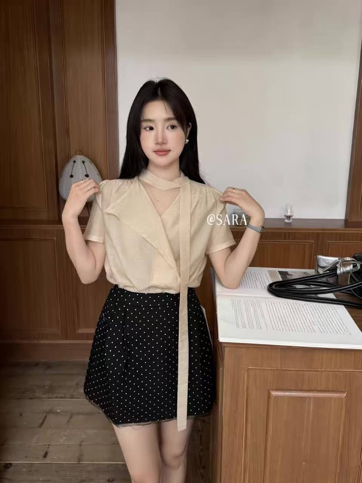 Lucas - Áo sơ mi cộc tay vải voan tơ cổ tim + dây lụa_thumbnail_9