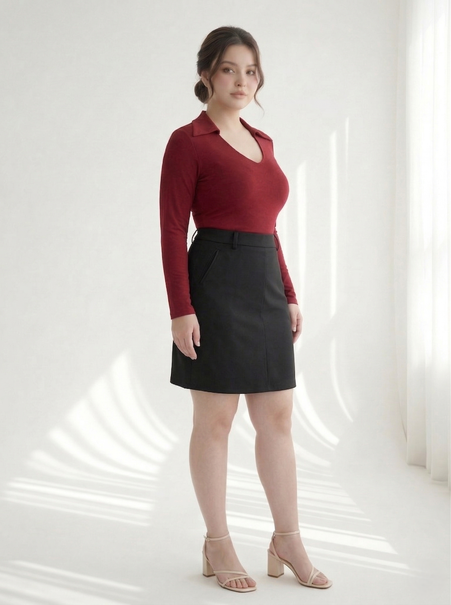 BISGZIE NỮ - Áo thun kiểu cổ bẻ tay dài V-AK094