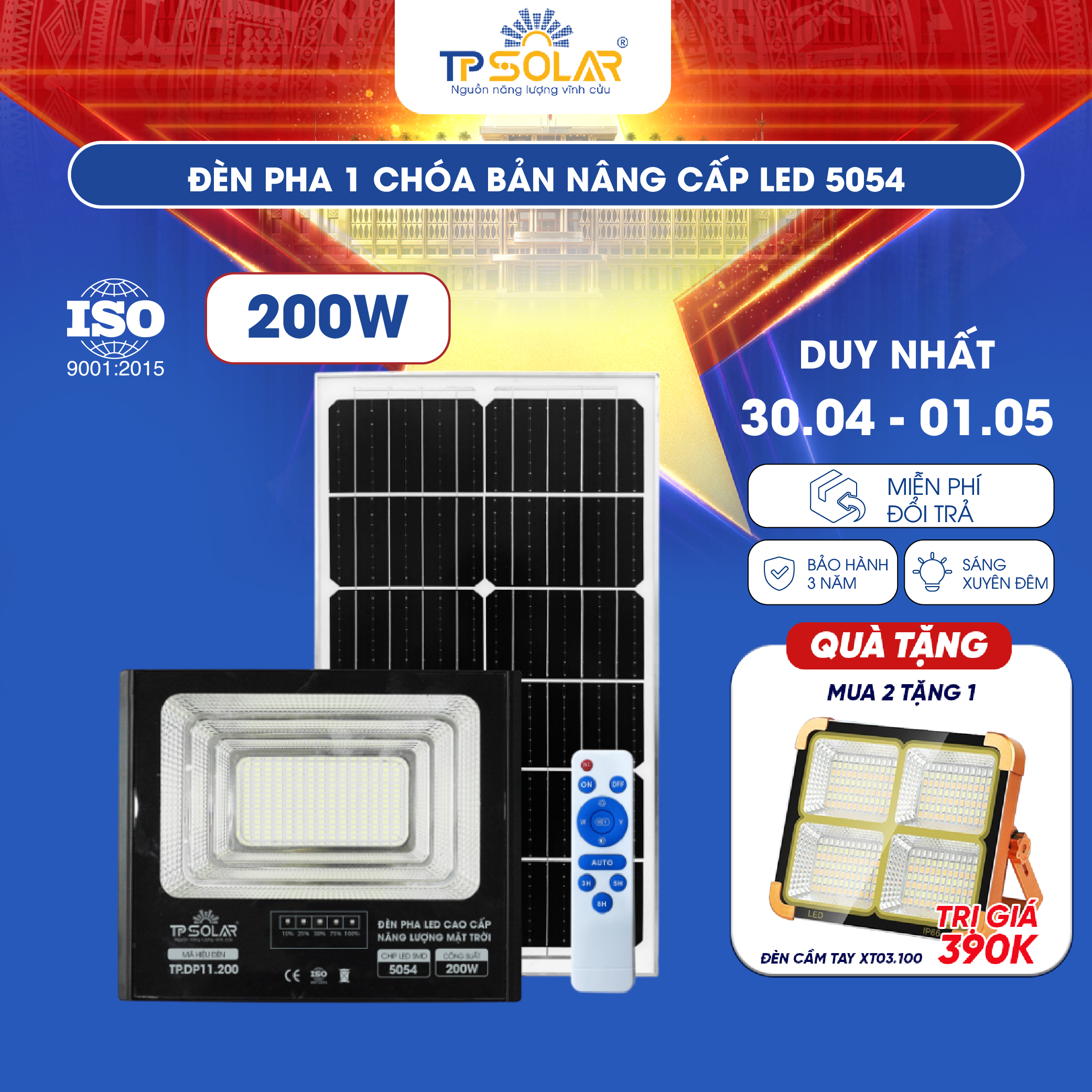 Đèn pha 1 chóa bản nâng cấp led 5054 năng lượng mặt trời TP.DP11